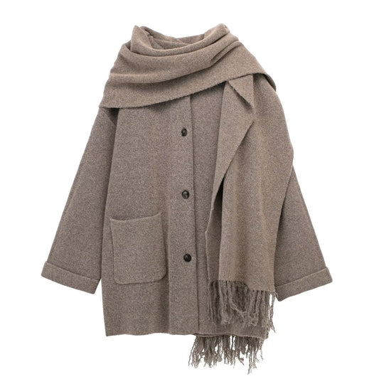Manteau Long Élégant avec Écharpe Intégrée